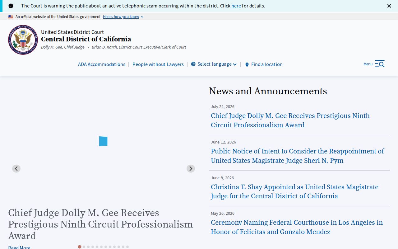 Dana Point previous residents Central District of California court access