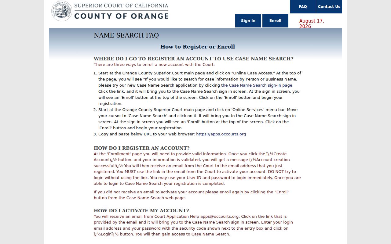 Dana Point resident lookup Orange County court name search limits